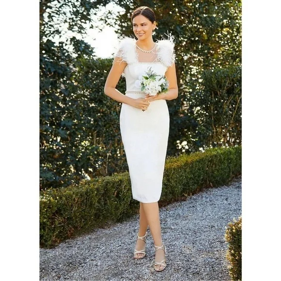 NWOT MAC DUGGAL FEATHER CAP SLEEVE PEARL EMBELLISHED T-LENGTH FIT DRESS sz 6 - Picture 3 of 11